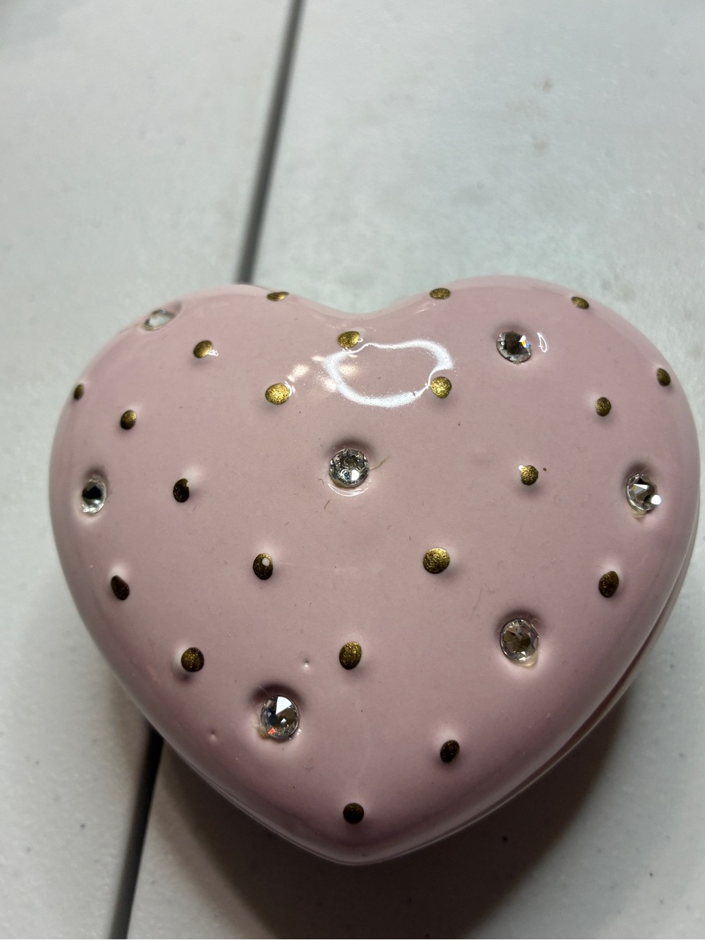 Partylite Pink Heart Trinket Box with Gold Dots and Rhinestones
